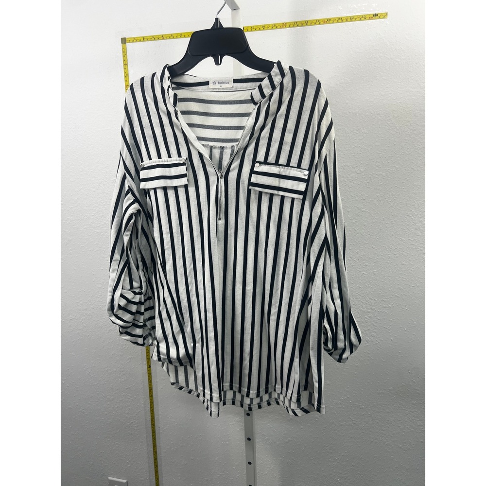 Bulotus Striped Zip Front Tunic Top Womens XL Black White Roll Tab Sleeve Pocket